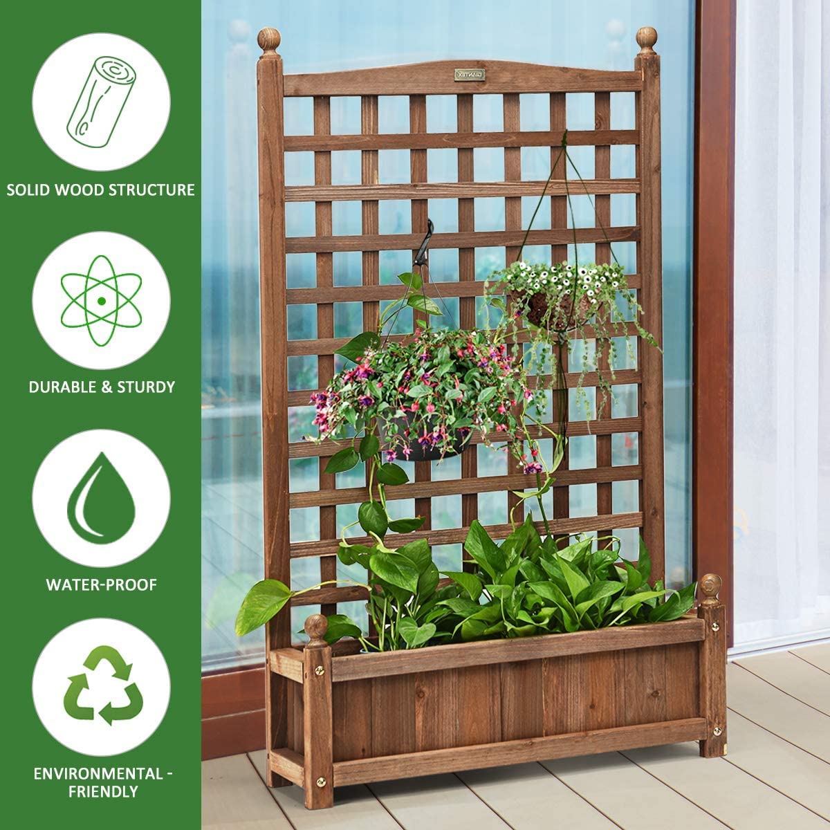 GRAFFY Wood Planter Raised Bed with Trellis, Outdoor Raised Garden Bed, Planter Box for Climbing Plants w/Drainage Holes, Free-Standing Raised Planter for Patio Garden Yard