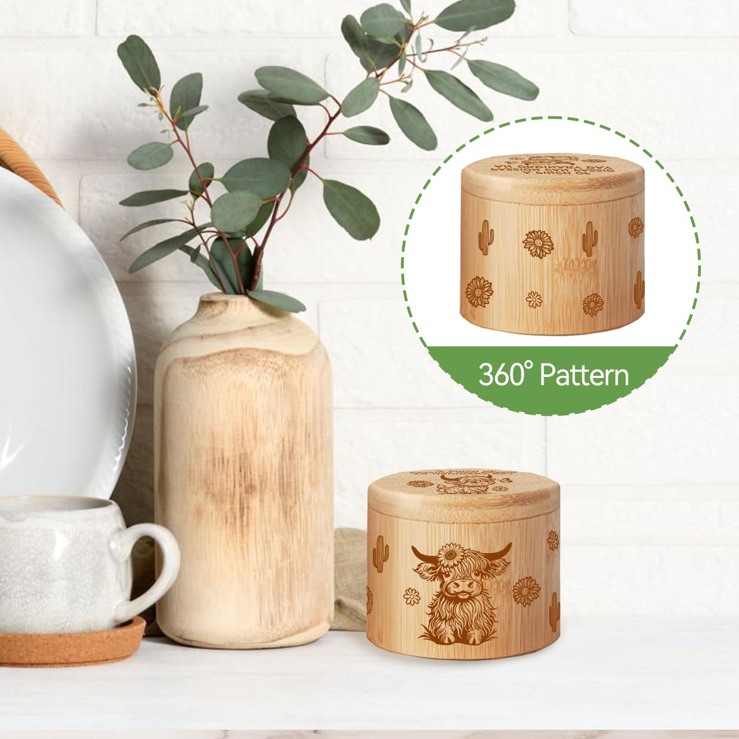 bxsgxin Bamboo Salt Cellar with Swivel Lid Highland Cow Salt Container Built-in spoon and magnetic clasp Ideal for salt, sea salt, pepper, sugar and spices（cow）