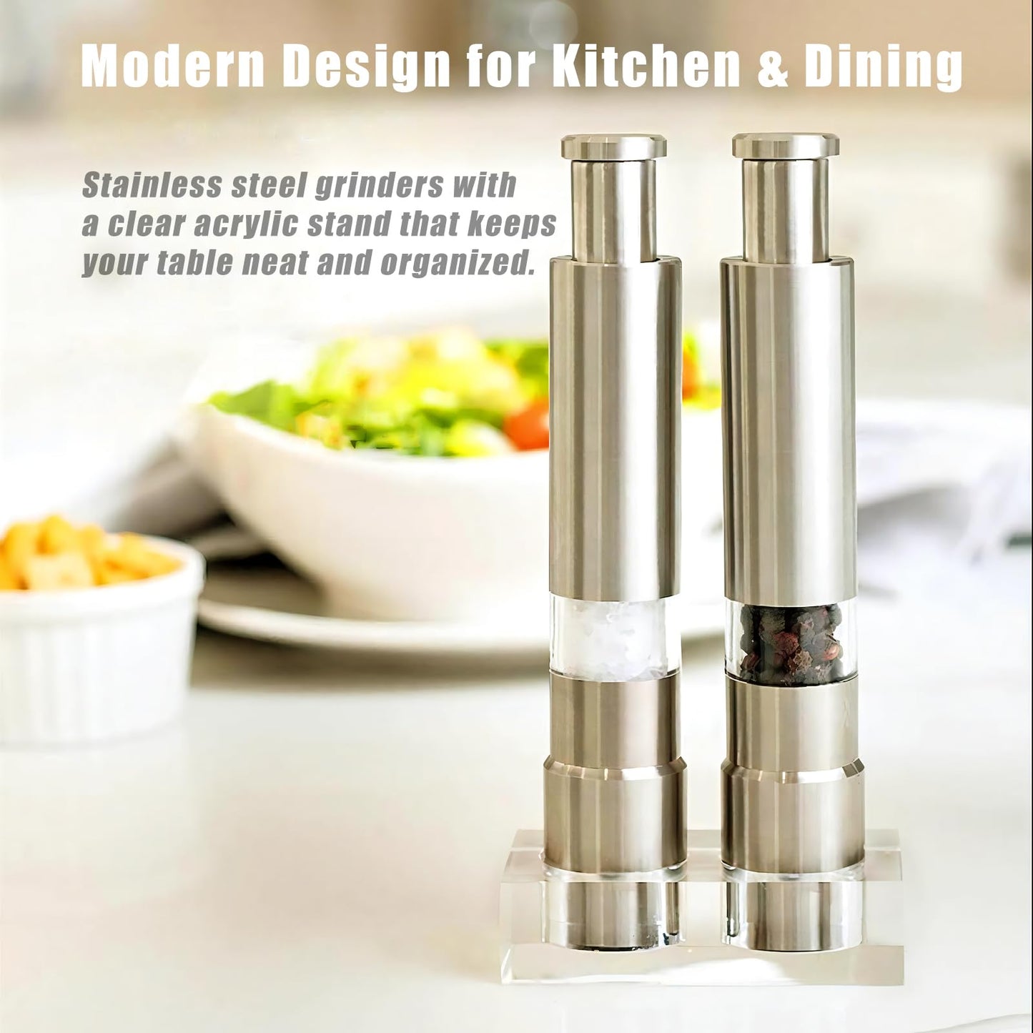 Salt and Pepper Grinder Set, Pump & Grind Peppermill, 2 Refillable Stainless Steel Mills with Thumb Press, One-Handed Salt and Pepper Grinder with Clear Acrylic Stand for Kitchen and Dining