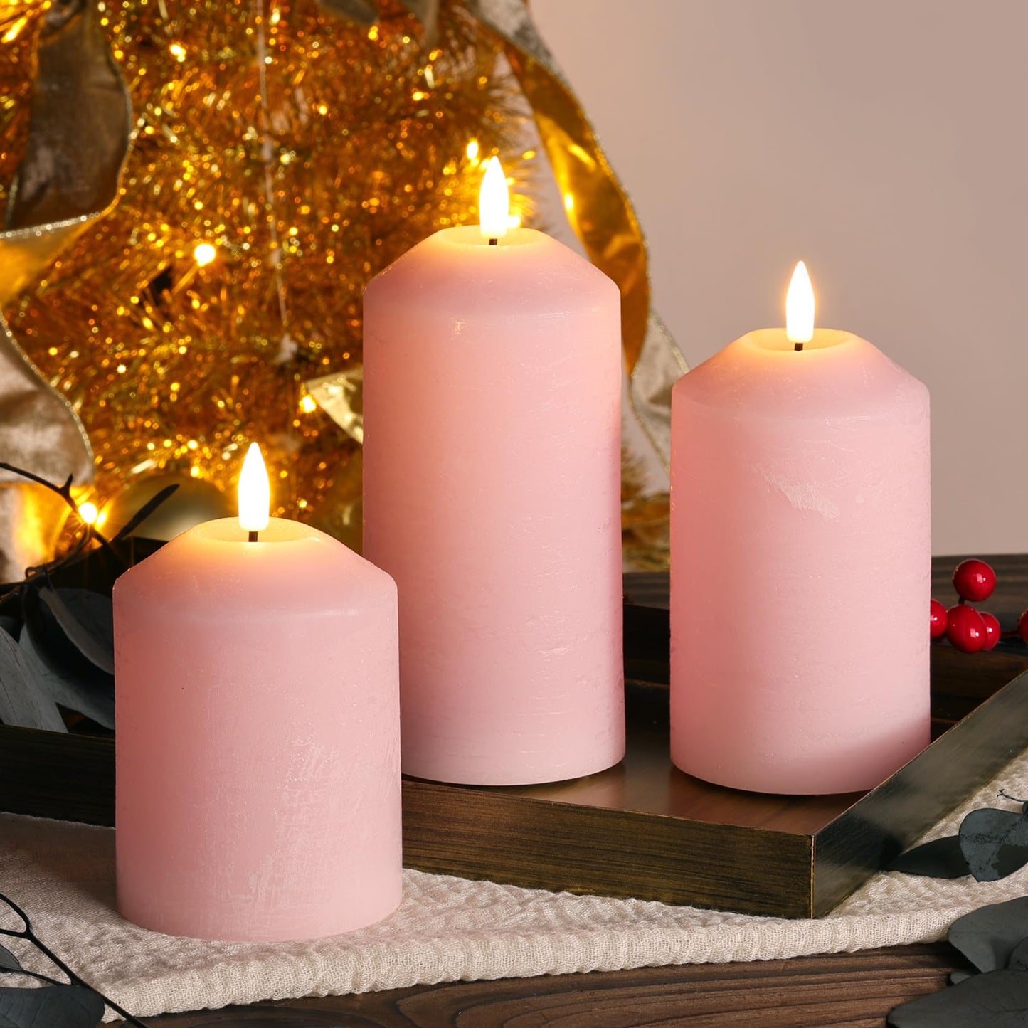 Girimax Pink Flameless Pillar Candles with Remote, Real Wax LED Candles Battery Powered Flickering Set of 3