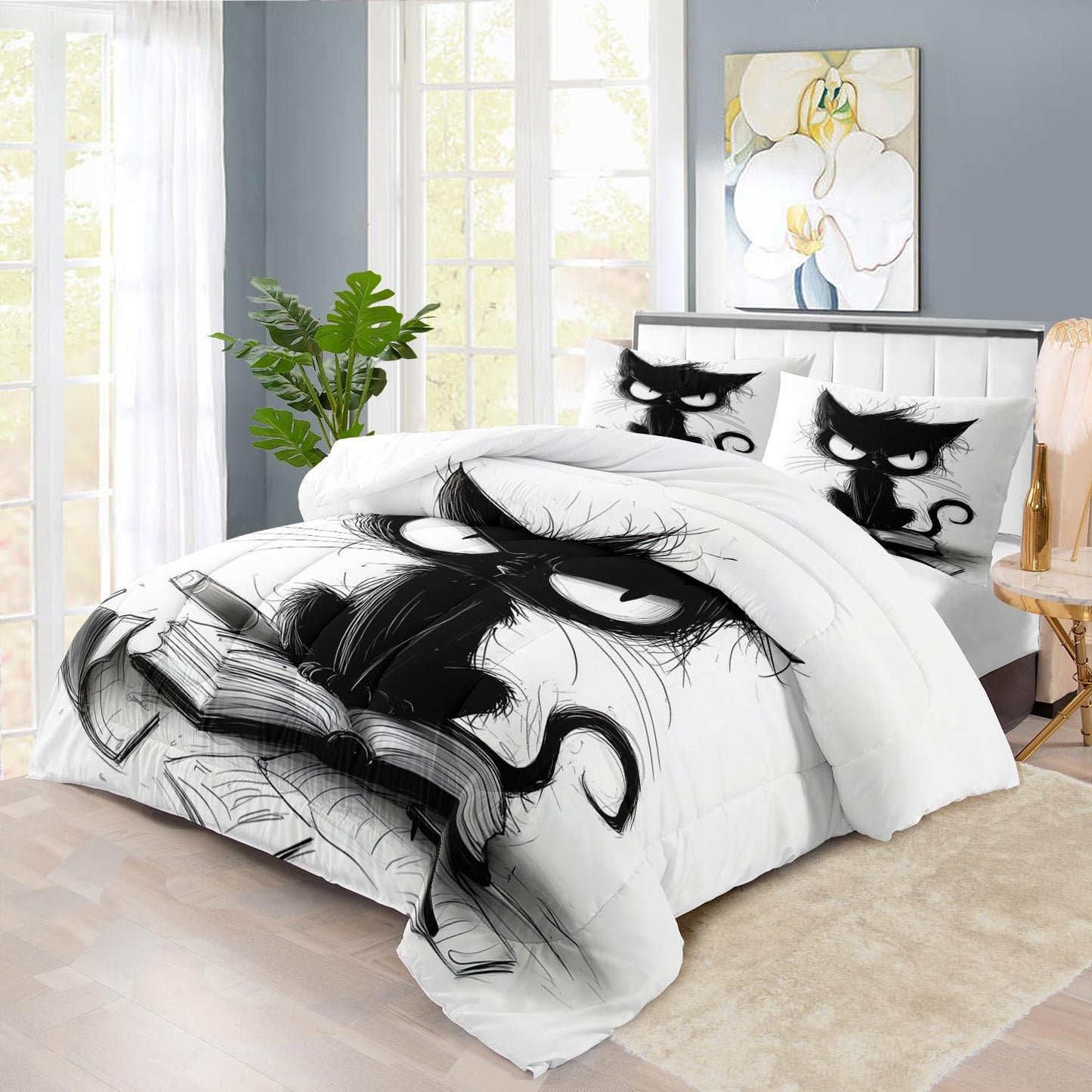 llyxsesty Cute Black Cat Comforter Set Full Size Cute Pet Bedding Set Boys Girls White and Black Comforter Cartoon Cat Quilt Animal Bedroom Decor Kawaii Animal Print Bedding Boys Kids