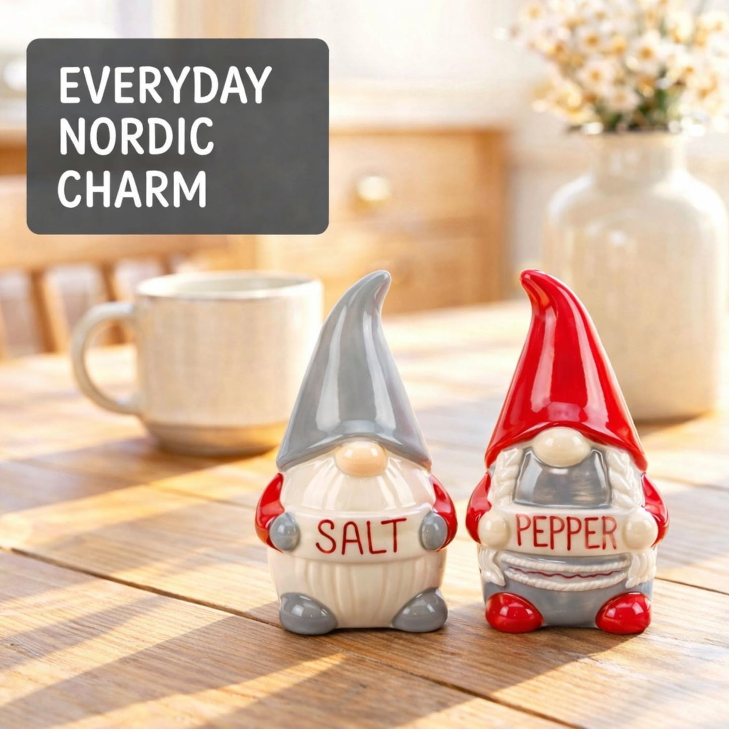 The Bridge Collection Fun Nordic Holiday Gnomes Salt & Pepper Shakers - Christmas Red and Gray Winter Gnomes Salt and Pepper Shaker Set