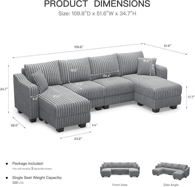 Belffin U Shaped Couch with Reversible Chaises Sectional Couches