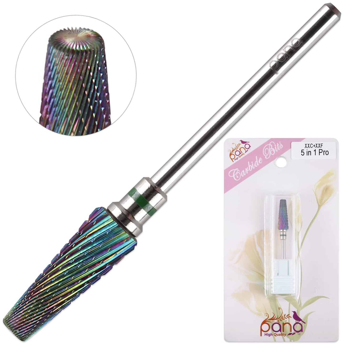 PANA Nail Carbide 5 in 1 Bit - Two Way Rotate use for Both Left and Right Handed - Fast Remove Acrylic or Hard Gel - 3/32" Shank - Manicure, Nail Art, Drill Machine (Fine - F, Silver)