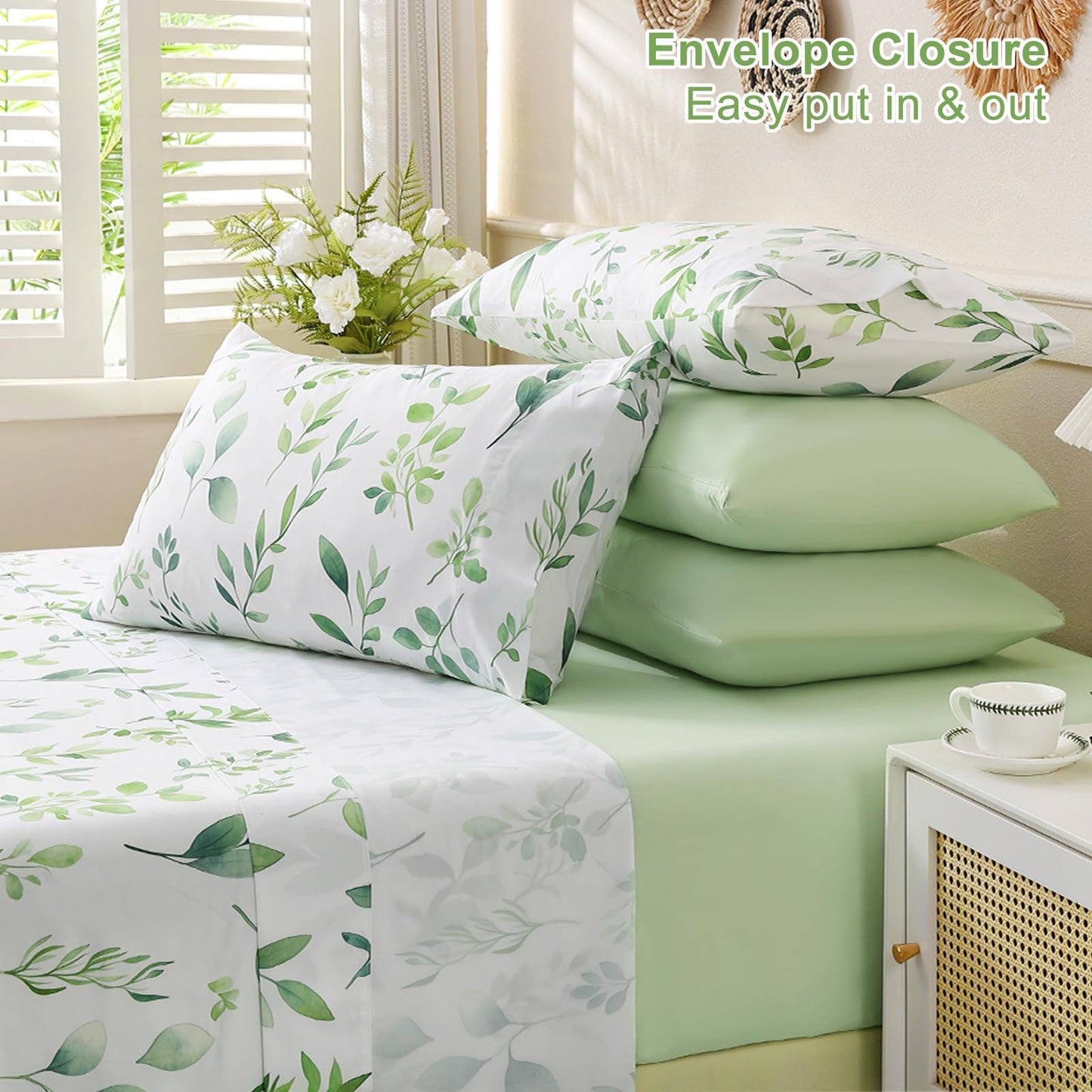 Botanical 6-Piece King Size Sheets Set, Boho Floral Print Brushed Microfiber Sheets, Cooling Bed Sheet Set, Ultra Soft & Breathable, 16' Deep Pocket Fitted Sheet & Pillowcase Set, Sage Green Leaves