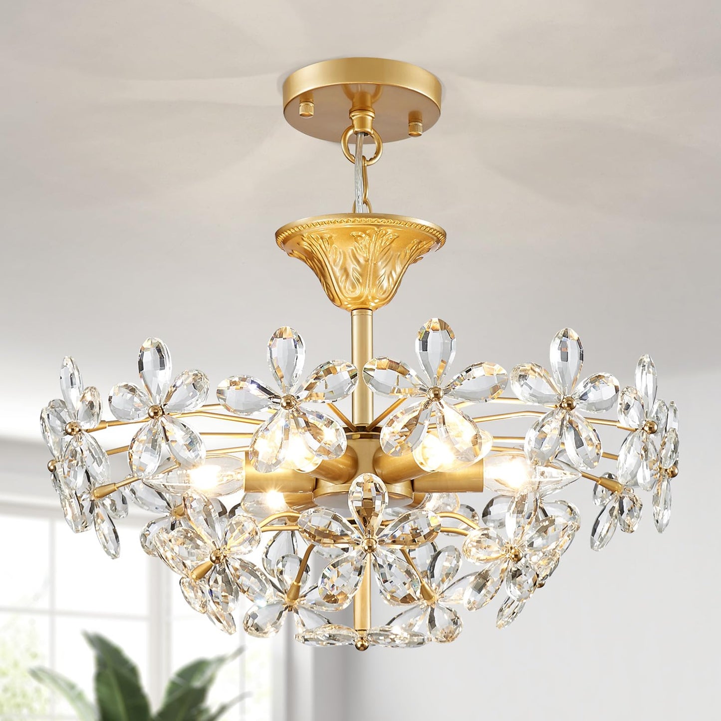 GlowEasely K9 Crystal Flower Chandelier for Dining Room, Living Room, Bedroom, Hallway, Kids Room, Foyer, Gold, Mayflower 6-Light Modern Pendant Chandelier, E12 Socket, D18.3 * H16~41inch (Adjustable)