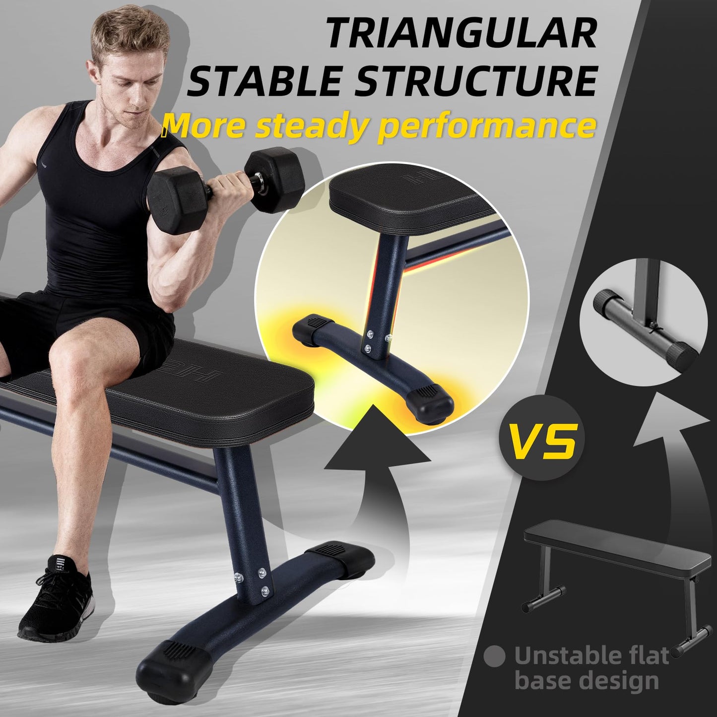HEMERIS Flat Weight Bench 43 Inch, 2.4 Inch Thick Pad Workout Bench 660 LBS Bench Press Exercise Equipment for Home Gym Strength Weight Training(Black)