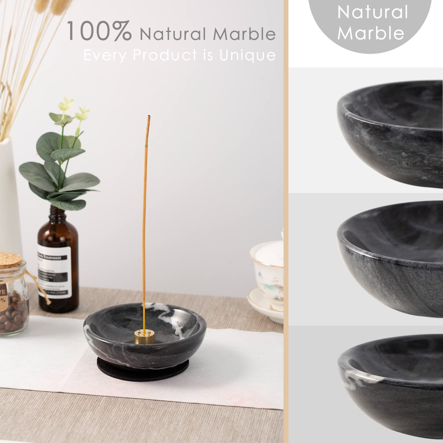 Fasolahome Incense Holder, Beautiful Natural Marble Incense Burner for Meditation, 9 Incense Holes Suitable for Most Types (Black)
