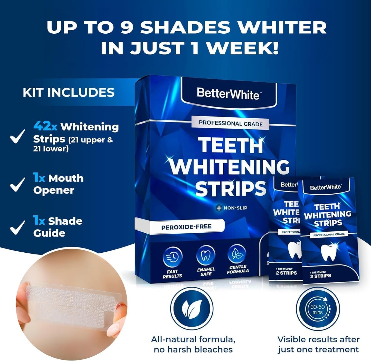 BetterWhite Professional Teeth Whitening Strips 7 Treatments - Enamel Safe - Non-Sensitive Formula - 14 Peroxide-Free Whitening Strips - Dentist Formulated Teeth Whitening Kit