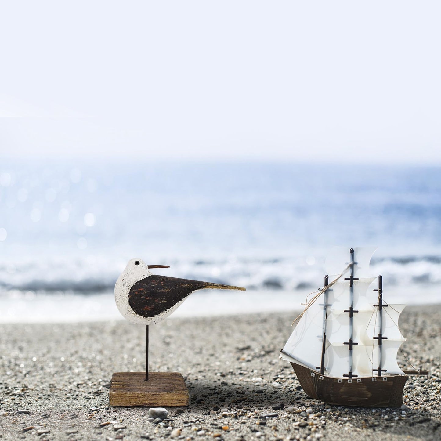 Wood Sea Bird Statue Seagull On Stand Decor Nautical Coastal Bird Sculpture