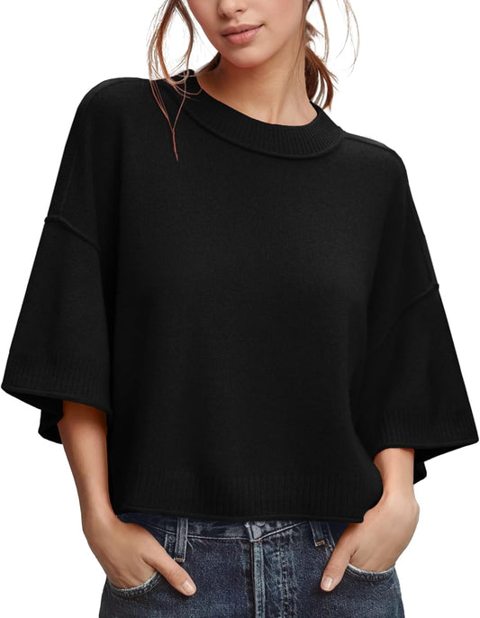 ZDC Women's Oversized Sweaters Summer 3/4 Sleeve Casual Cropped Tops Lightweight Loose Fit Knit Pullover