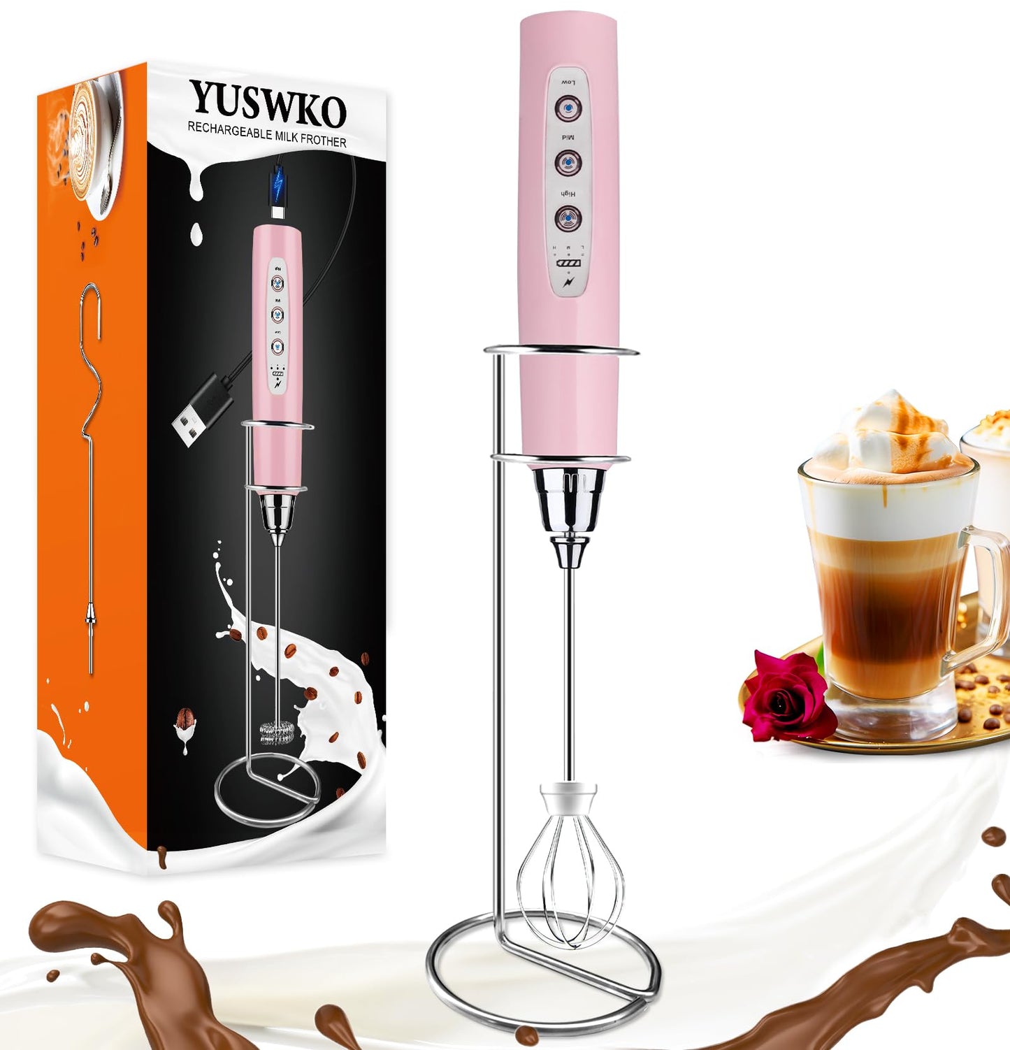YUSWKO Black Handheld Milk Frother Wand for Coffee, Rechargeable Electric Whisk with 3 Heads 3 Speeds Drink Mixer Coffee Frother For Latte, Cappuccino, Hot Chocolate, Egg
