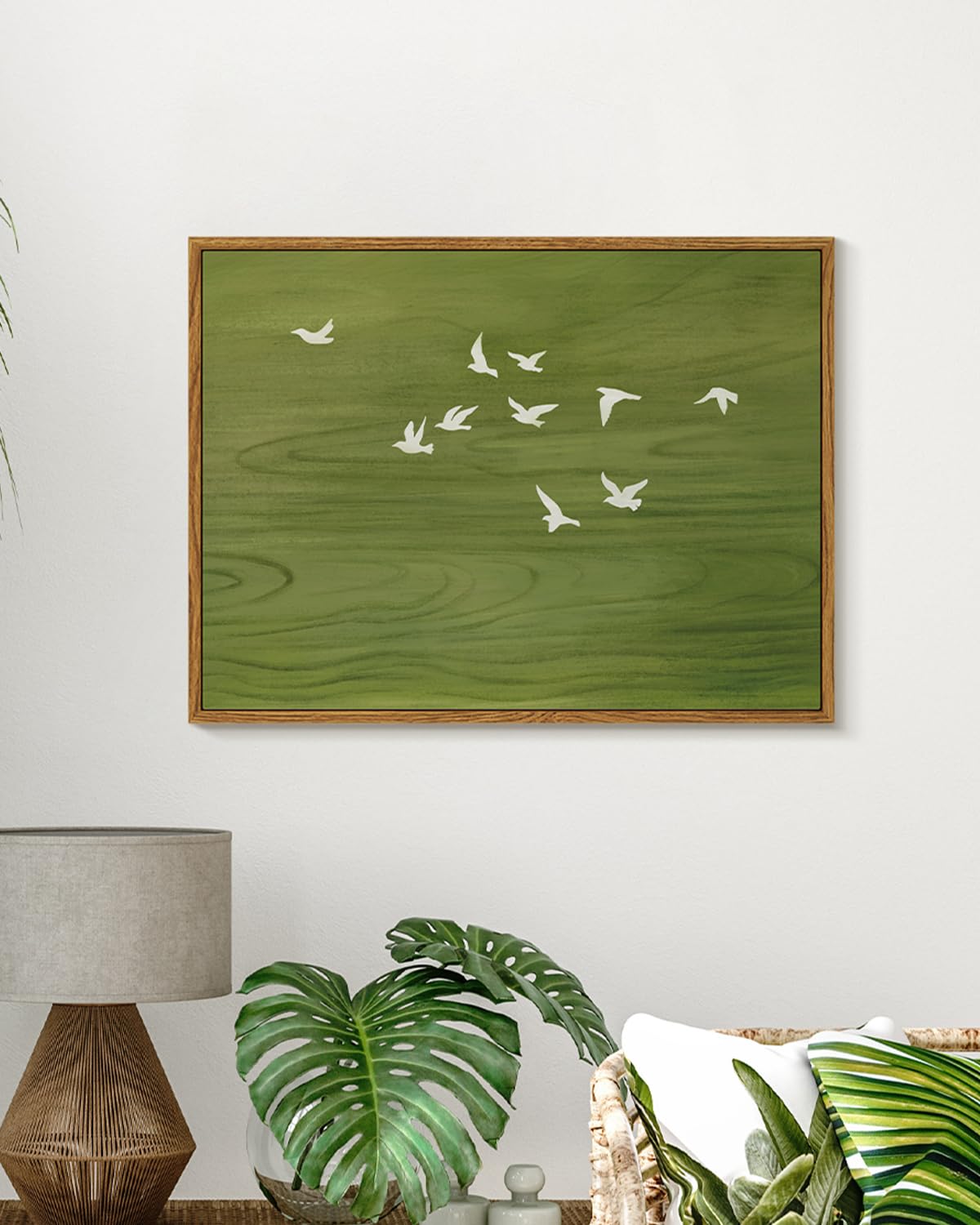 Peaceful Landscape 12x16 Zen Framed Canvas Wall Art, Abstract Minimalist Green Nature Print with Flying White Birds Painting, Modern Bedroom Office Home Farmhouse Calming Spaces Decor