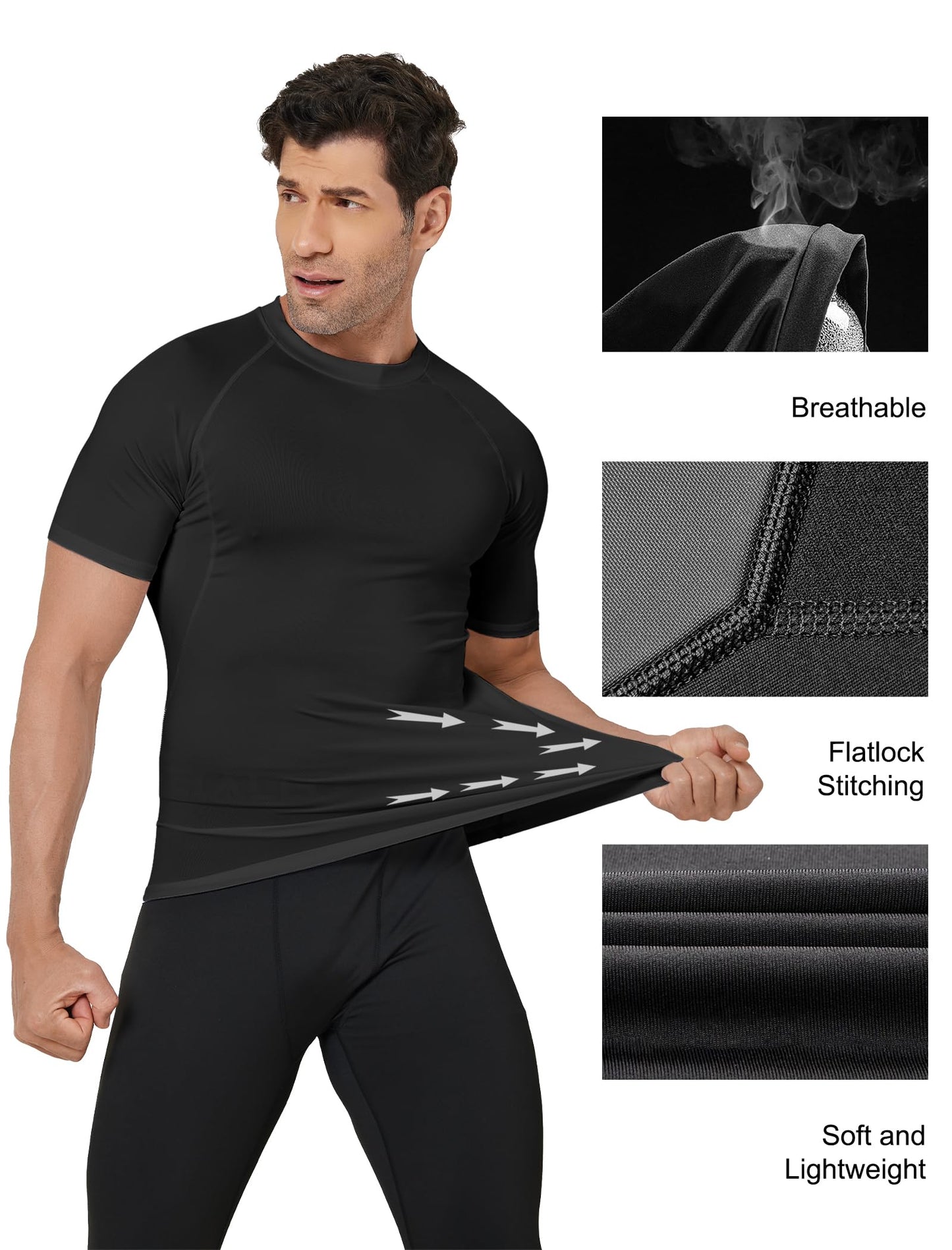 TELALEO 6 Pack Men's Compression Shirt Short Sleeve Athletic Baselayer Sports T Shirts Workout Tops for Men Black White L