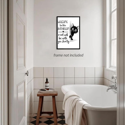 HNNXAR Funny Cat Bathroom Wall Art,Welcome To The Bathroom A Cat Will Be With You Shortly Paintings Posters,Black and White Funny Canvas Pictures Prints,Cute Black Cat Wall Decor 12x16in Unframed