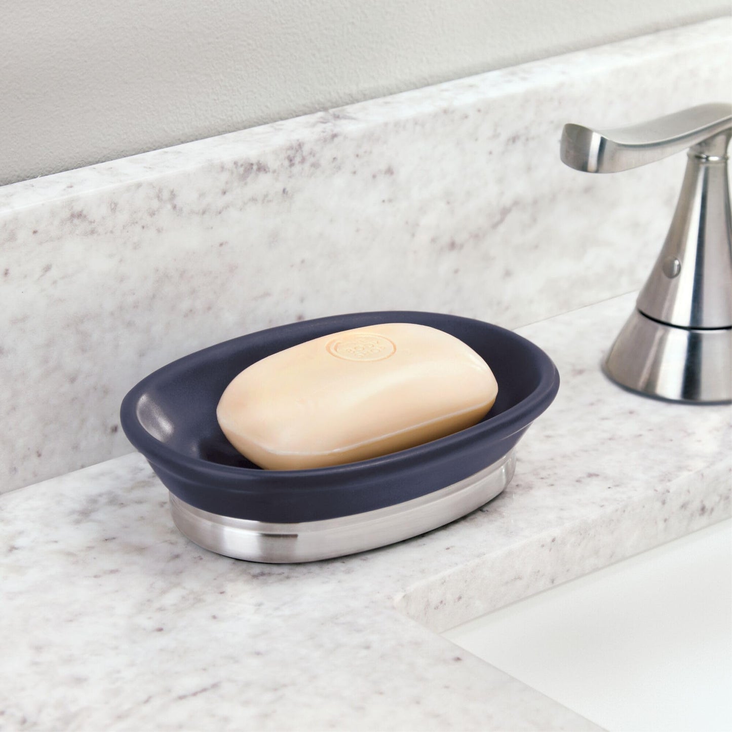 iDesign Ceramic and Steel Bar Holder, The York Collection Soap Dish, Matte Navy/Brushed Nickel
