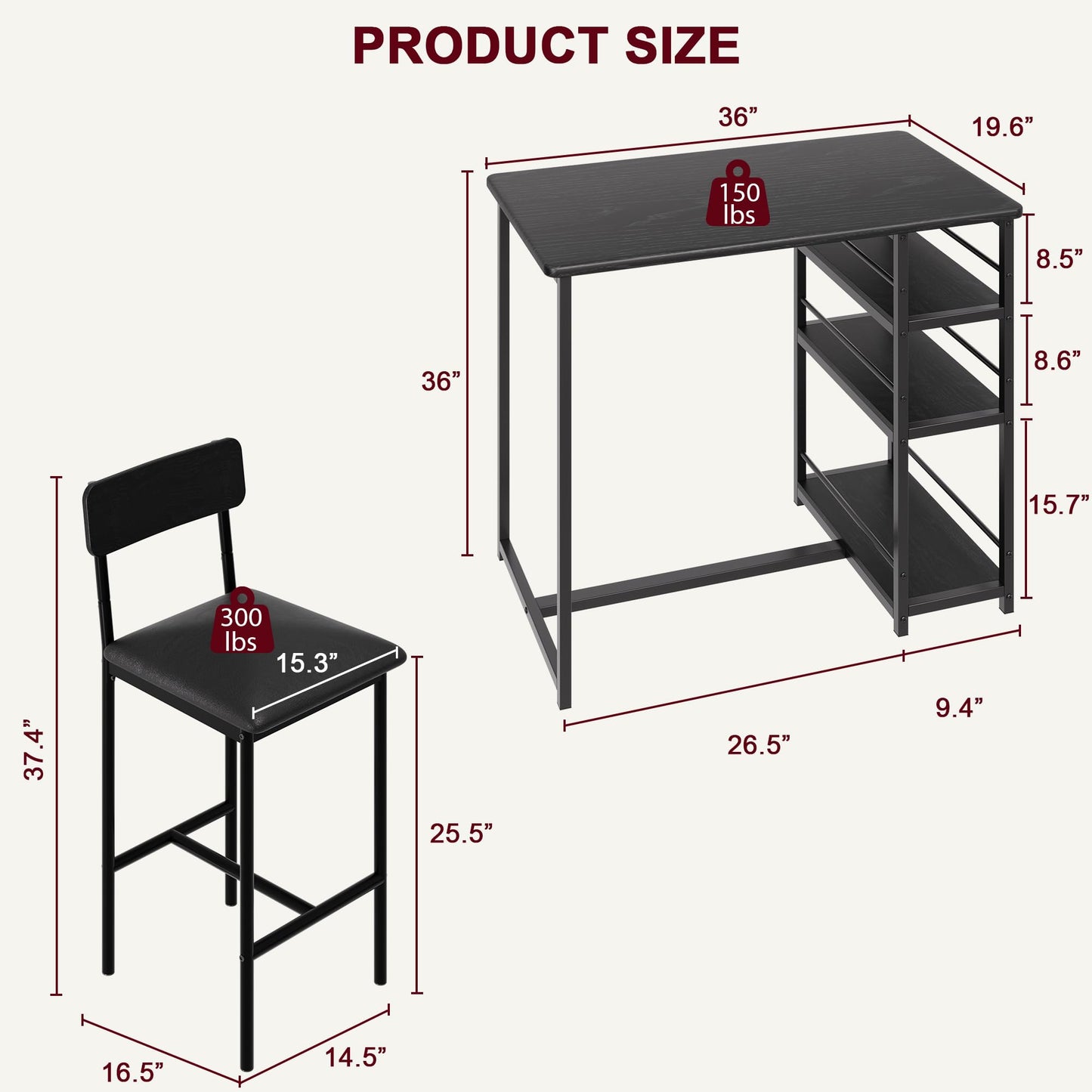 CABIHOME Dining Table Set for 2, Kitchen Table and Upholstered Chairs for 2, 3 Piece Counter Height Bar Table Set with 3 Large Storage Shelves for Small Space, Apartment, Studio, Rustic Black