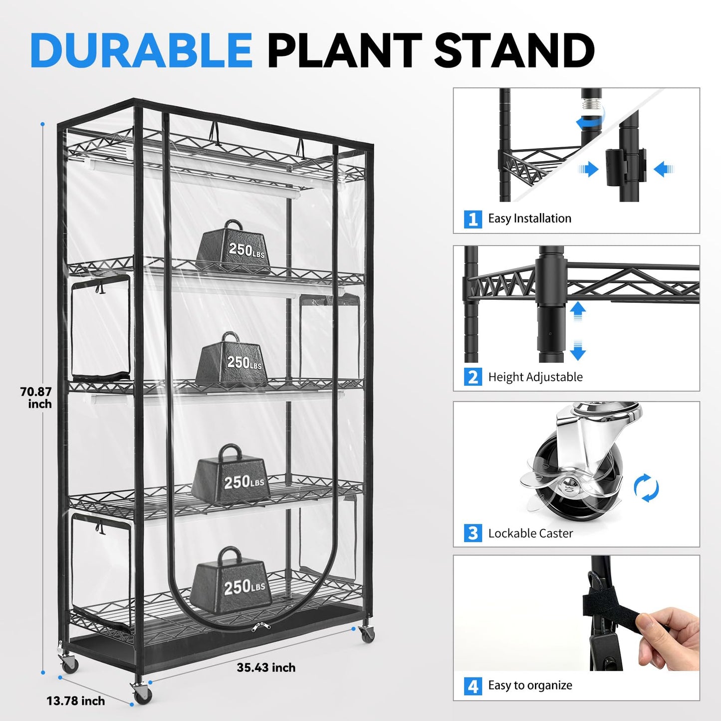 JESLED Indoor Greenhouse with Grow Light, 3FT Full Spectrum 5000K LED Light for Seed Starting, Tiered Lighting Control, Built-in Timer & Thermo-Hygrometer, Rolling Metal Plant Stand (35.4x13.8x70 in)