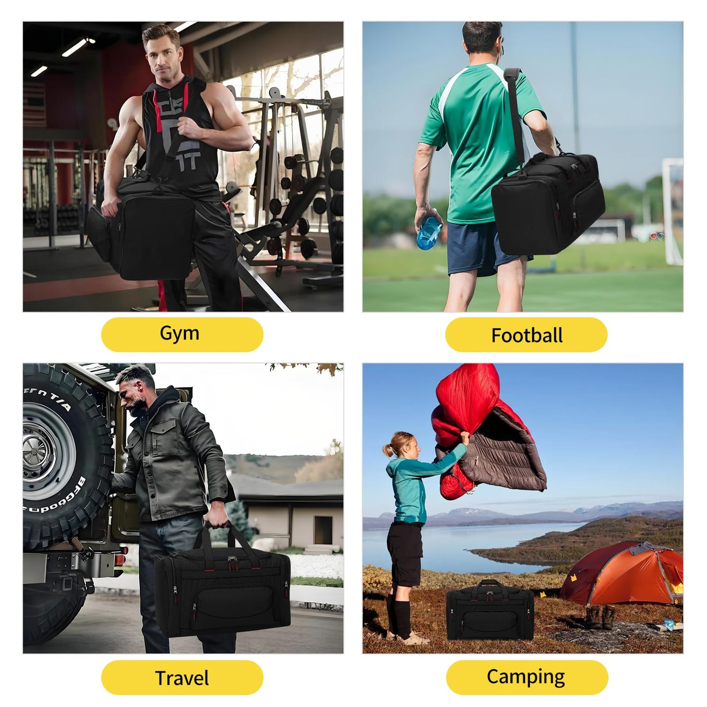 THSOGO 22 inch Gym Bag for Men - 55L Large Travel Duffle Bag Sports Equipment Bag with Multiple Zippered Pockets,Outdoor Workout Duffle Bag for Overnight Weekend - Black