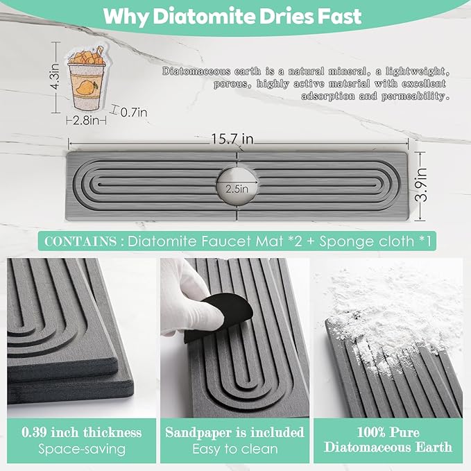 15.7'' Long Stone Faucet Mat for Kitchen Sink-Diatomite Quick Dry Kitchen Sink