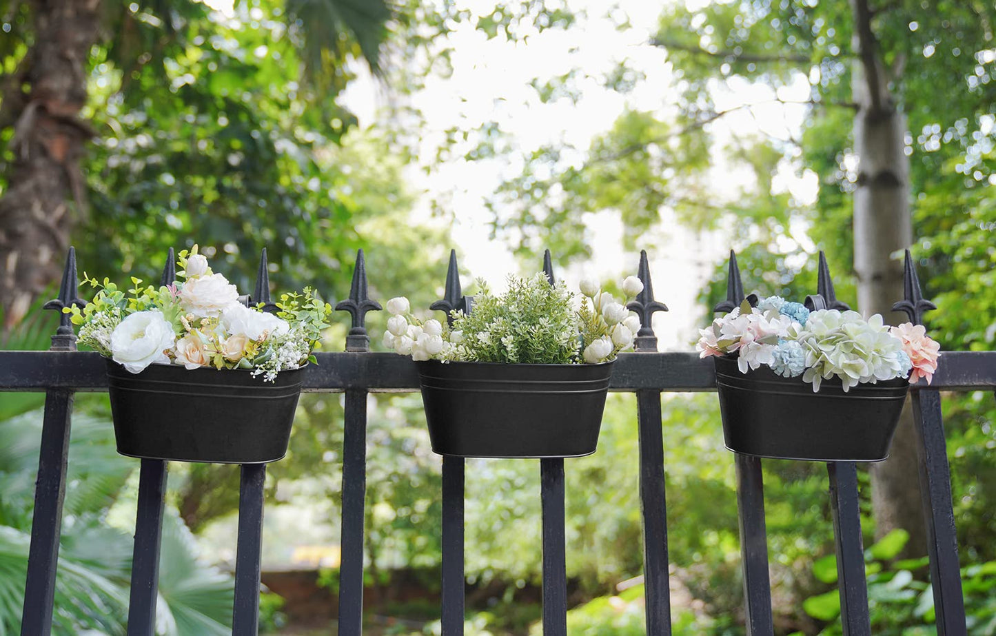 Dahey 10.5 Inch Metal Iron Hanging Flower Pots for Railing Fence Hanging Bucket Pots Countryside Style Window Flower Plant Holder with Detachable Hooks Home Decor,Black,3 Pcs