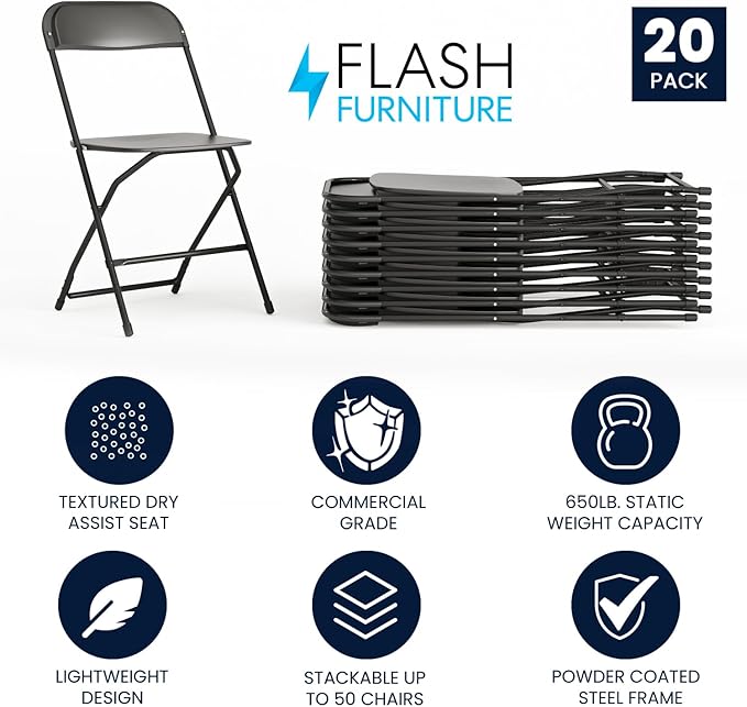 Flash Furniture Hercules Series Plastic Folding Chair - Black - 20 Pack 650LB Weight Capacity Comfortable Event Chair-Lightweight Folding Chair