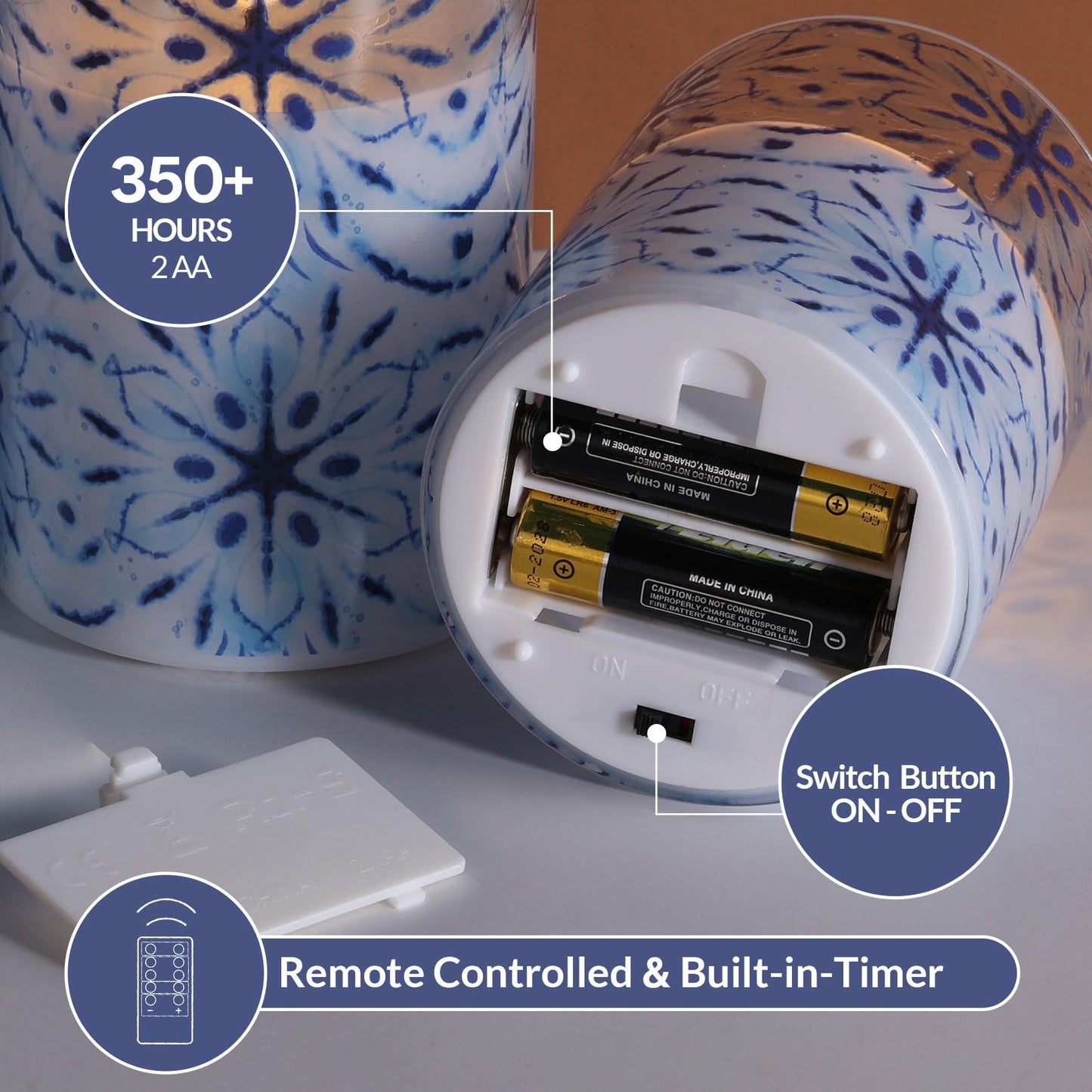Eywamage Blue Snowflakes Glass Flameless Candles with Remote, Christmas LED Pillar Candles Battery Operated Flickering Set of 3