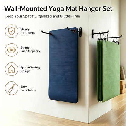 Yoga Mat Wall Mount Hanger ,Metal Yoga Mats Storage Rack, Home Gym Storage with 8 Clips, No-Roll Flat Storage for Folded/Rolled Mats, Foam Rollers, Towels, Resistance Bands, Black Wall Organizer for Gym, Yoga Studio, Bedroom