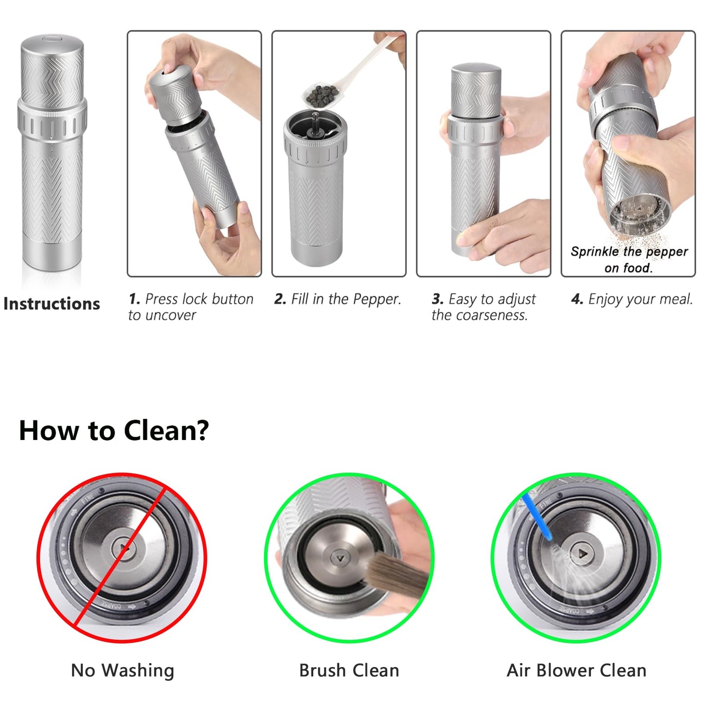 ARKNOAH Manual Pepper Mill Grinder - 12-Level Adjustable Coarseness, High-Output Spice Grinder with Aluminum Body & Stainless Steel Core, 70g Peppercorn Capacity