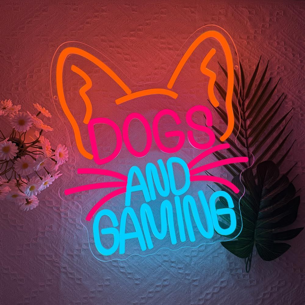 RuCvixkt Dog Gaming Neon Sign for Wall Decor, Game Neon Lights for Bedroom Man Cave Game Room Home Party Decor, Gift for Boy Women Party Birthday Christmas
