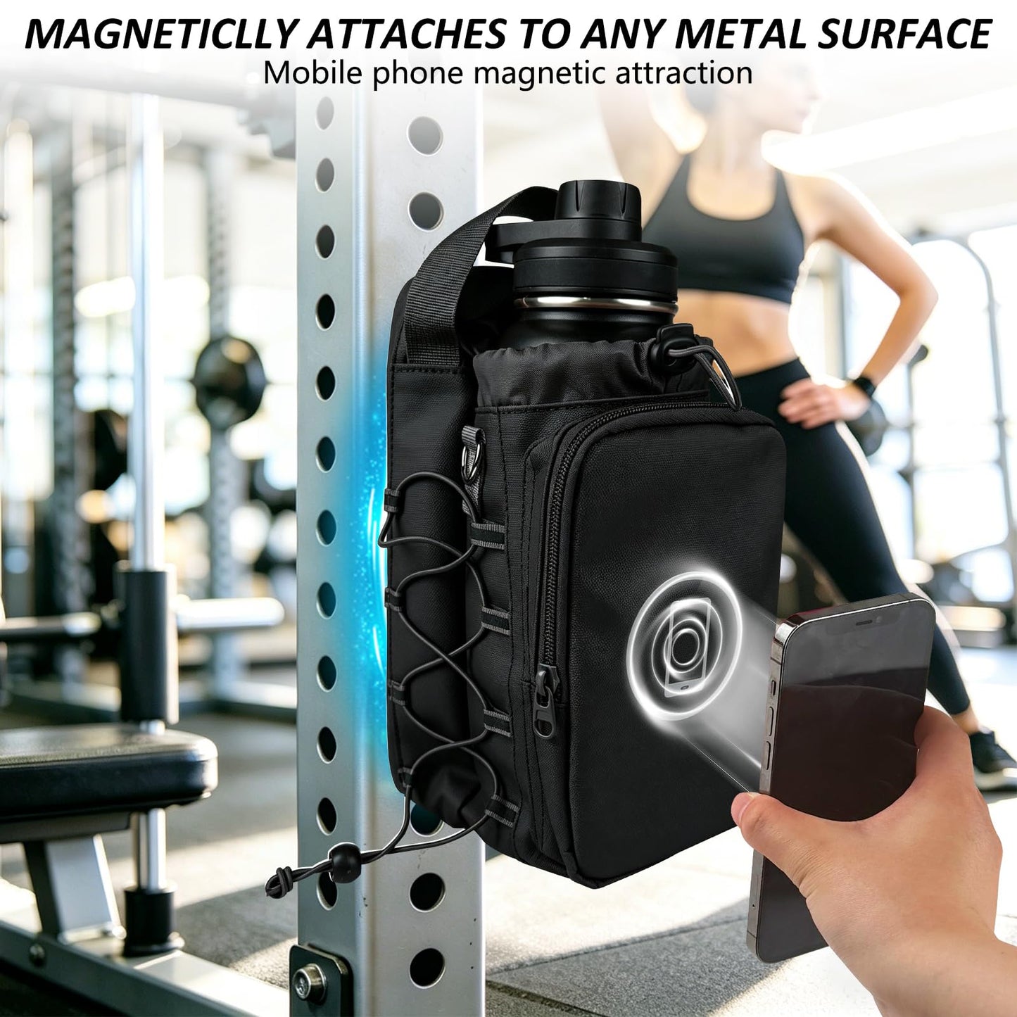 JACZZO Magnetic Gym Bag, Water Bottle Holder,Hands-Free Phone Mount,Gym Gifts for Women and Men (Black)