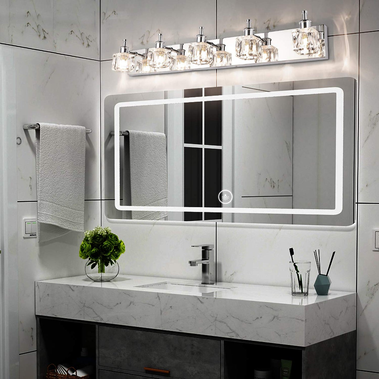 PRESDE Crystal Bathroom Vanity Light Fixtures 5 Light Bathroom Light Fixtures Over Mirror Modern LED Chrome Bath Lighting