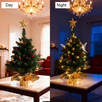Liecho 24 Inch Tabletop Mini Christmas Tree, Miniature Pine Christmas Tree with Hanging Ornaments, Battery Operated Artificial Xmas Tree, Best DIY Christmas Decorations-Gold