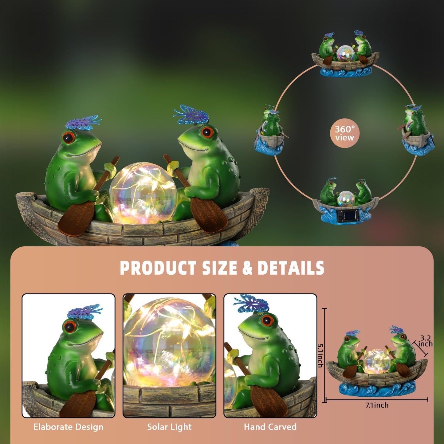 YHSOLAR Solar Frog Boating Garden Statue with Ball Light 5.1" Resin Frogs Decor for Home Front Door Patio Porch Balcony Women Gardeners Moms Wives Girlfriends