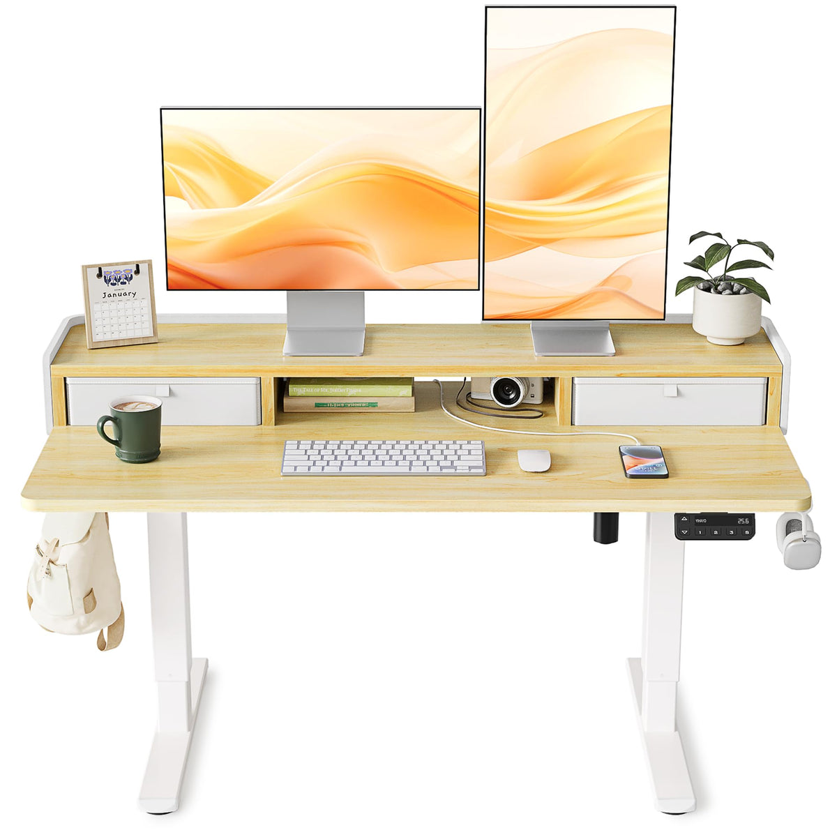 YIHAYO Low Height Adjustable Desk with Drawers, Lifts 18.1-28.3 Inches, Electric Standing Desk with Storage Shelf for Short People, 48 x 24 Inches Table with Splice Board for Home Office, Natural