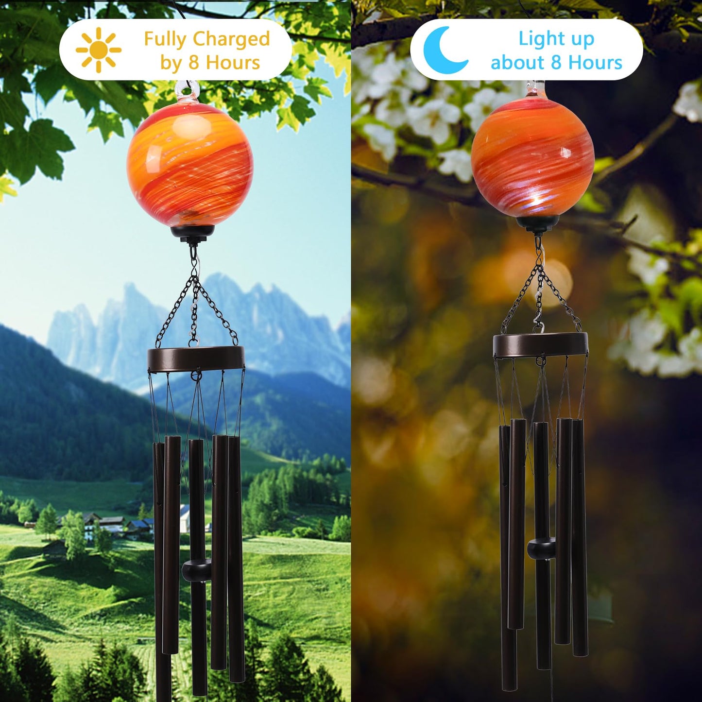 MUMTOP Solar Wind Chime for Outsides, 35" Glass Windchimes with Solar LED Lights Decorative Hanging Wind Bell for Porch Patio and Garden Decor, Orange