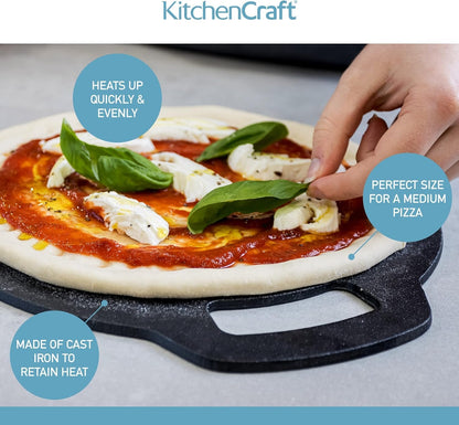 KitchenCraft Baking Stone Tray, Non Stick, for Oven or Hob, for Pizza, Bread, Pancake and other Recipes in Gift Box, Round, Cast Iron, 27 cm x 6.5 mm