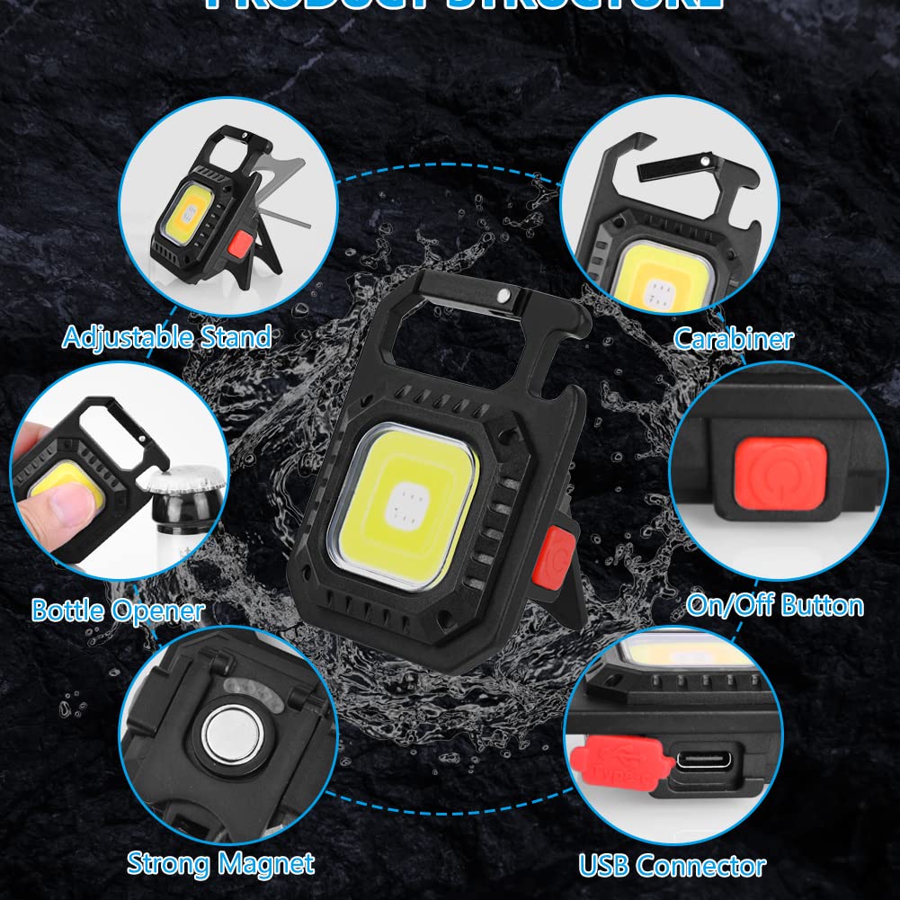 URAQT Mini LED COB Flashlight, 1000 Lumens 500mAh 7 Light Modes Tiny Handheld Keychain Torch, Multifunctional Emergency Keyring Flashlight Rechargeable Work Lights with Folding Bracket Bottle Opener