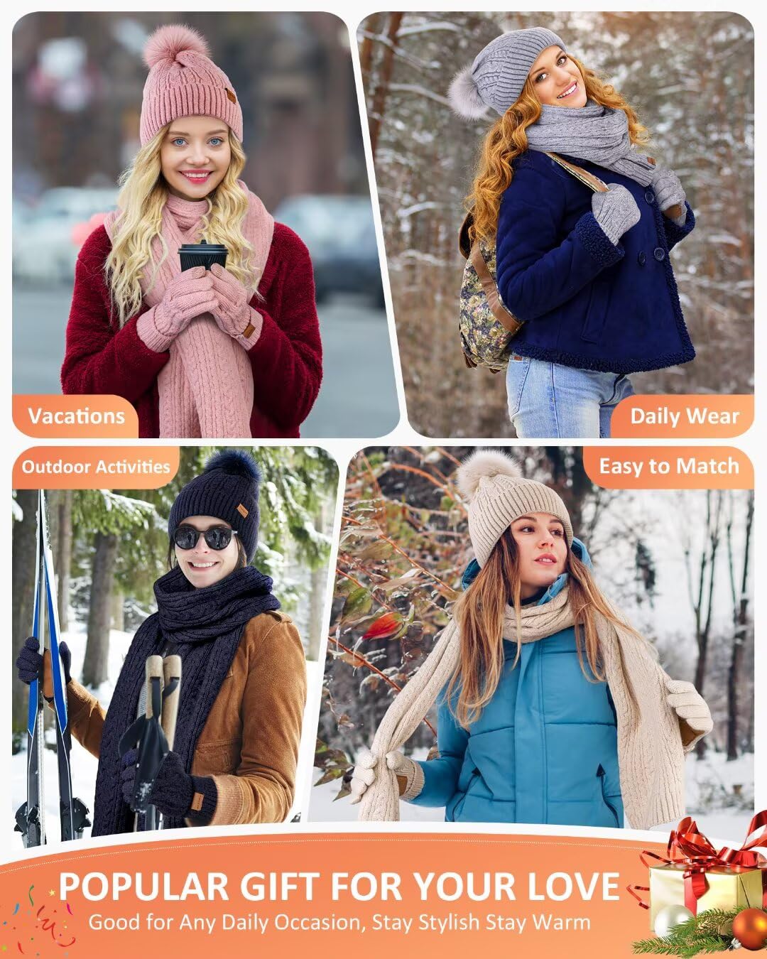 Winter Beanie Hat Scarf Gloves Set for Women, Pom Pom Beanie with Fleece Lined Long Knit Neck Warmer Fingers Touchscreen Gloves, Fashionable Cute Warm 3 in 1 Gift Set for Cold Weather(A-07) Camel