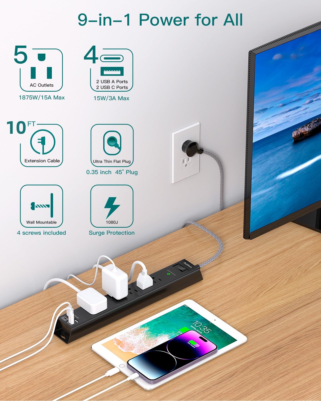 2 Pack Power Strip Surge Protector - 6Ft Extension Cord with 5 Widely Outlets 4 USB (2 USB C) Port, 1875W/15A, Wall Mount, Flat Plug, Desk Charging Station for Home Office College Dorm Room Essentials