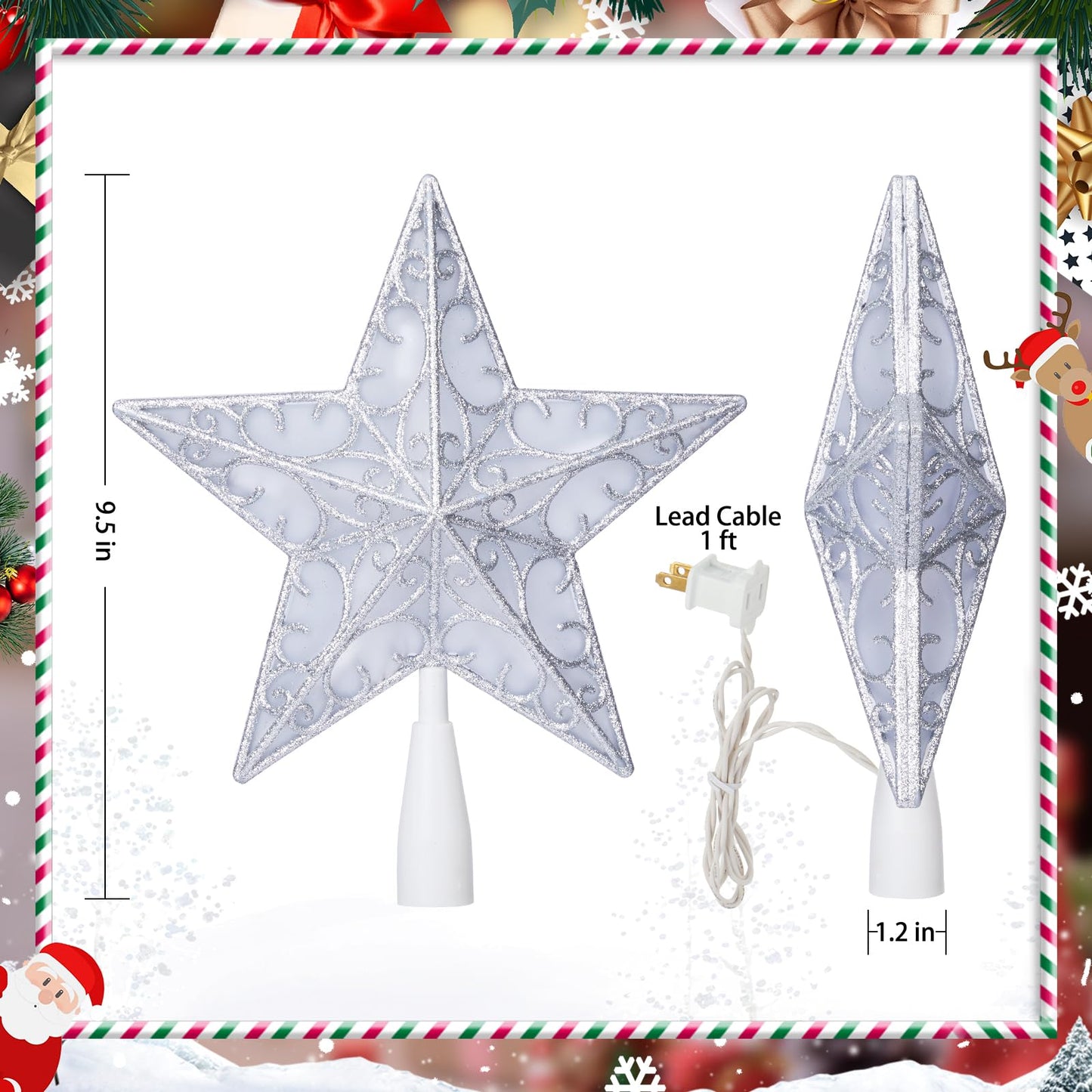 Christmas Star Tree Topper, Plug in Sliver Glittered 3D Star Tree Topper, Metal Hollow Designed Built-in 10 Bulbs String Lights for Indoor Christmas New Year Holiday Tree Decoration, White Base