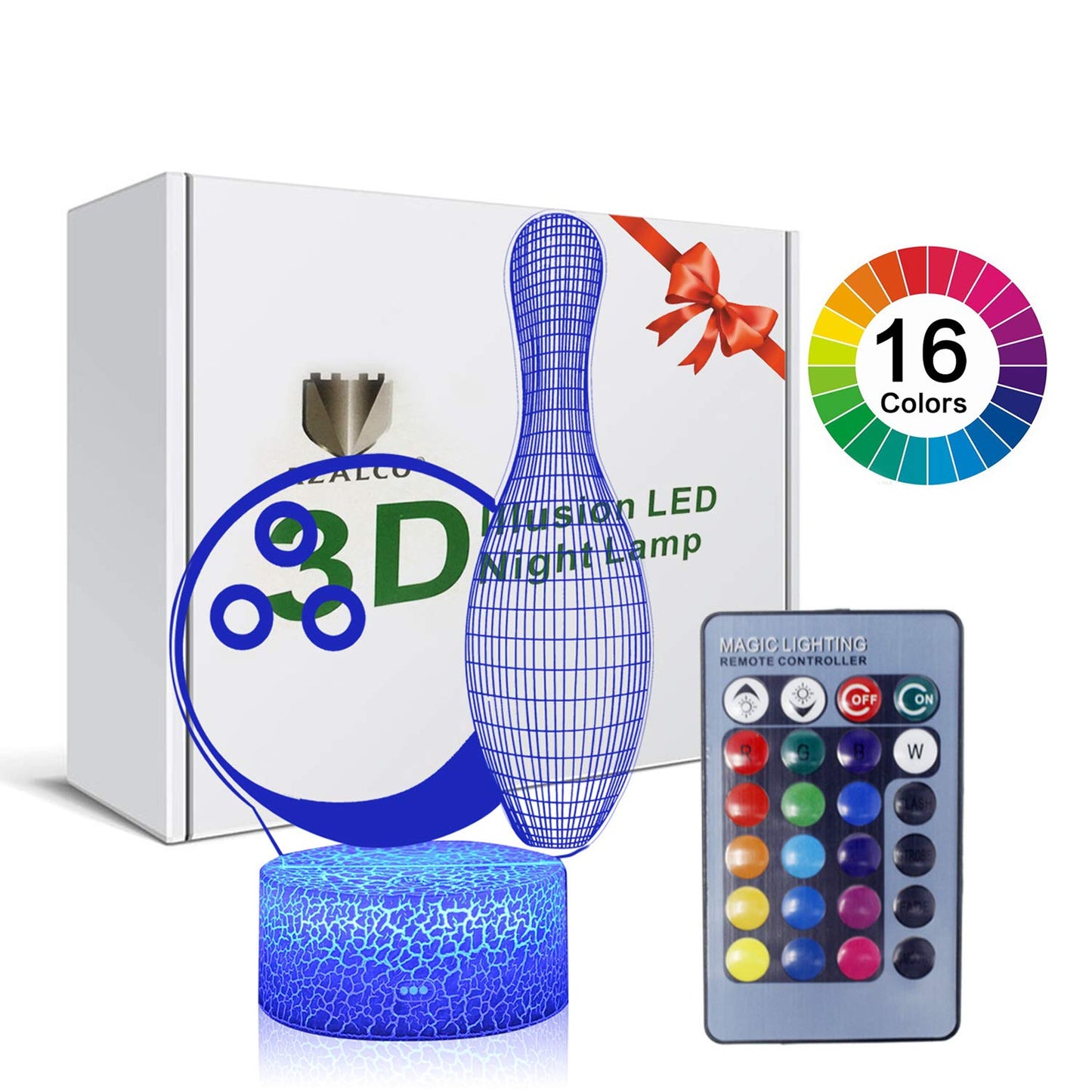 AZALCO 3D Illusion Bowling Night Light Teenager Christmas Gifts Xmas Gift Lamp 16 Color Change Touch White Crack Base Birthday Present with Remote Control Boys Girls