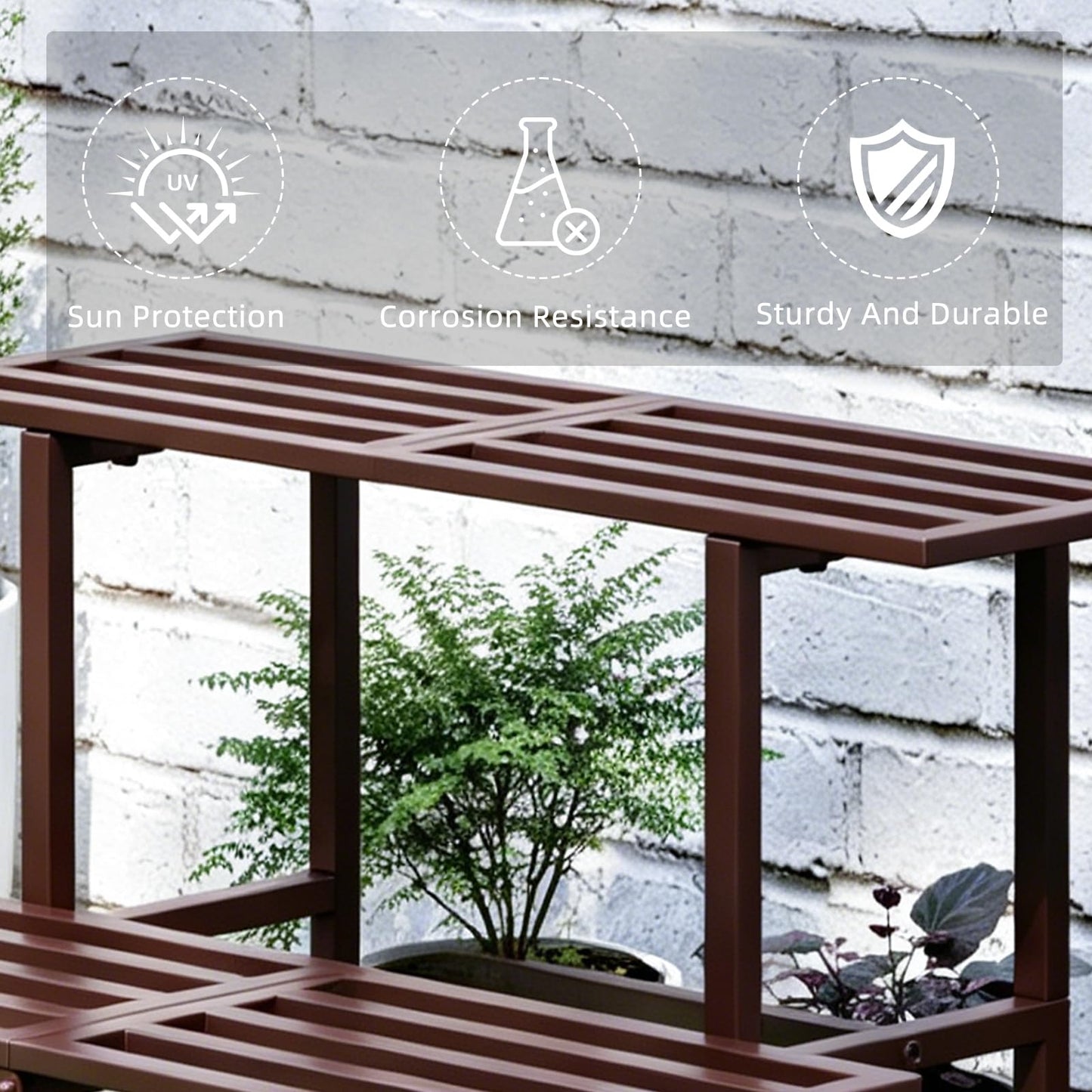 Rioneta Plant Stand Indoor Outdoor, Foldable Metal Plant Shelf for Multiple Pots, Mid Century Slatted Bench for Patio Garden, Heavy Duty Capacity 330 lbs 2 Tier Coffee