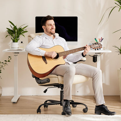 Sweetcrispy Computer Gaming Chair, Ergonomic High Back Heavy Duty Task Desk Office Chairs with Wheels, Flip-up Arms, Adjustable Height, PU Leather, Cream