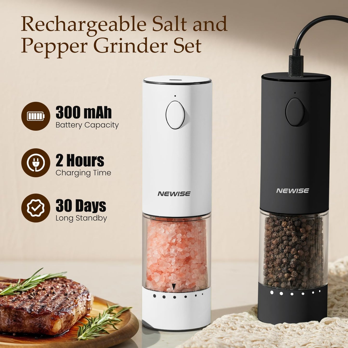 Electric Salt and Pepper Grinder Set, Adjustable Coarseness & LED Light, Rechargeable Large Capacity Stainless Steel Mill, Kitchen Appliances for Women Mom- Black/White