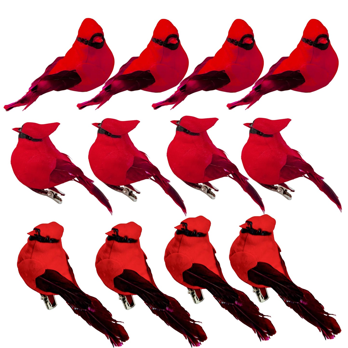 Cartanfill-Cardinal Clip On Christmas Tree Ornament Decorations, Set of 12, Red Feather Birds, 3 inches Long