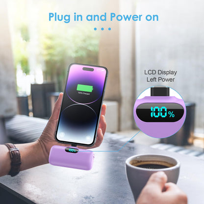 Mini Portable Charger USB C Power Bank,Upgraded 5000mAh PD Fast Charging Battery Pack Built-in USB-C Connector,LCD Display,Compatible with iPhone16,16 Plus,16Pro/Max/15,iPad Pro/Air,Android Phone etc