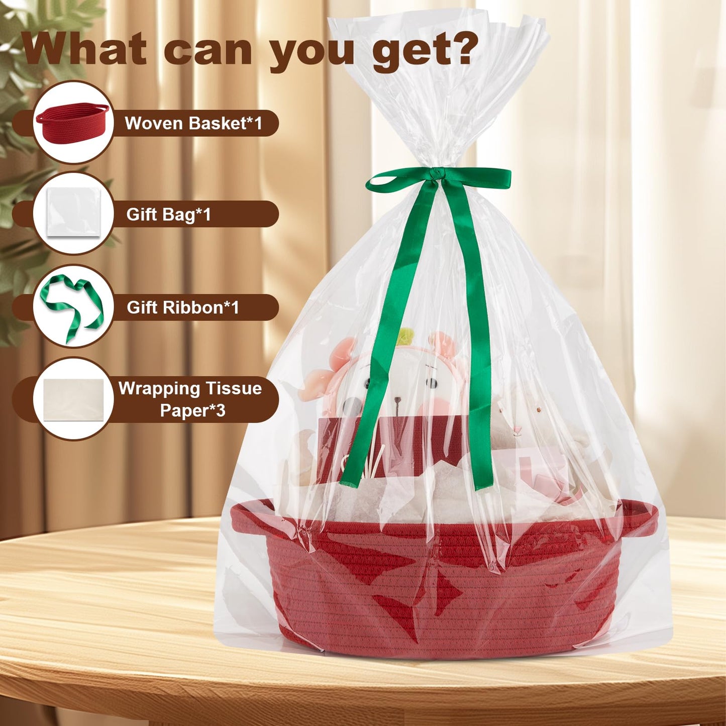 OIAHOMY Gift Basket with Handle, Small Woven Basket with Gift Bag, Ribbon and Wrap Tissue Paper, Nursery Bins Empty to Fill with Small Items, Baby, Pet Toy Organizer - Red