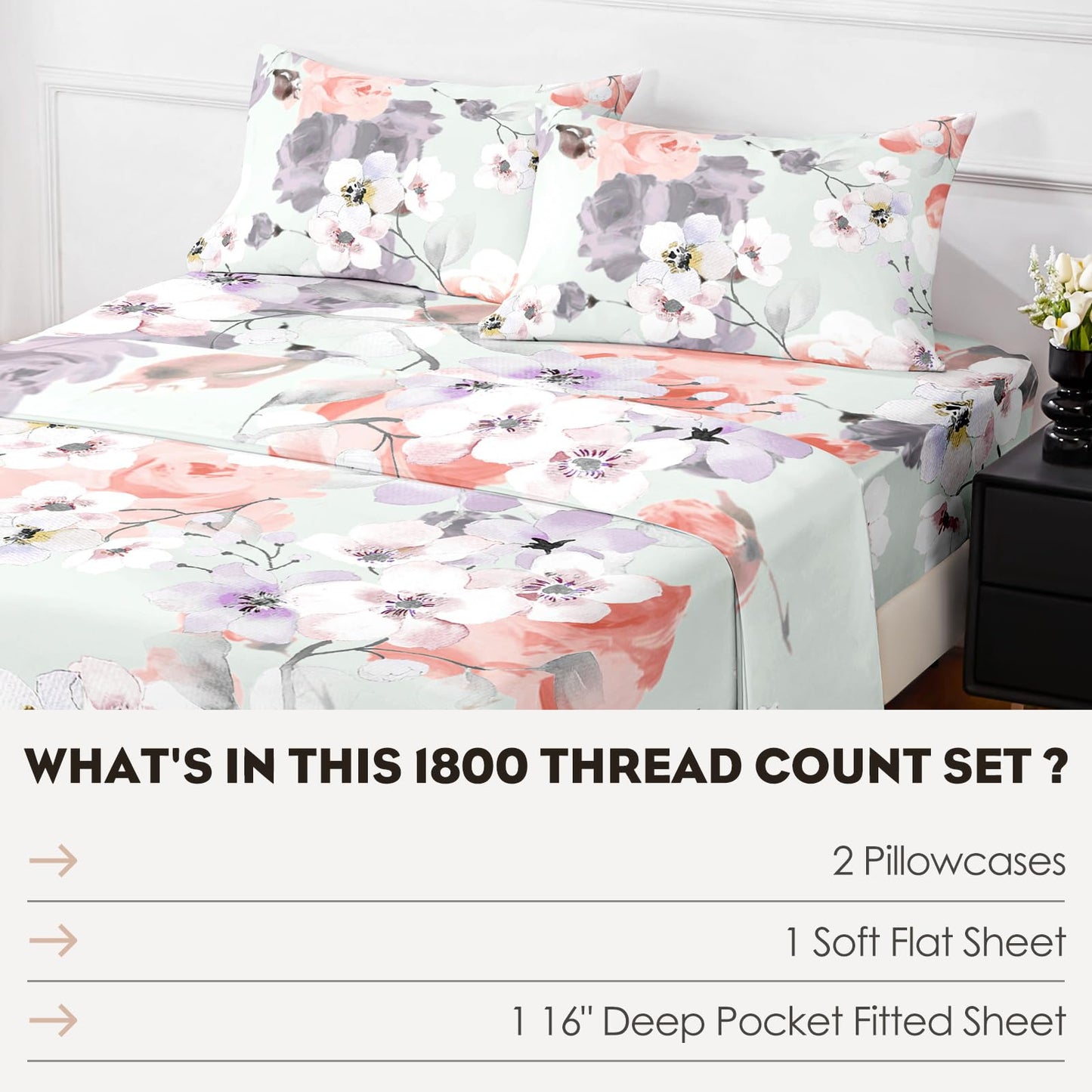 HCORA Floral King Size Sheets Set, Luxury 1800TC Hotel Quality Double Brushed Microfiber Deep Pocket Bed Sheets, Ultra Soft, Breathable and Cooling, 4PC, King