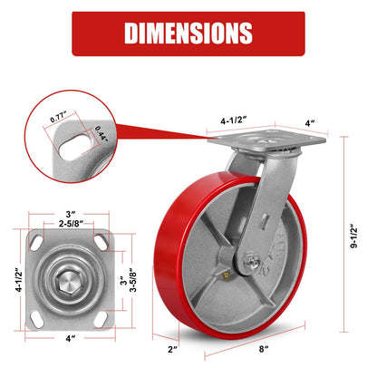 LONGRUNFORU 8" X 2" Industrial Plate Swivel Caster Set of 4 Heavy Duty,Load Capacity 6000lbs, No Noise Polyurethane Caster on Steel Hub for Toolbox Workbench